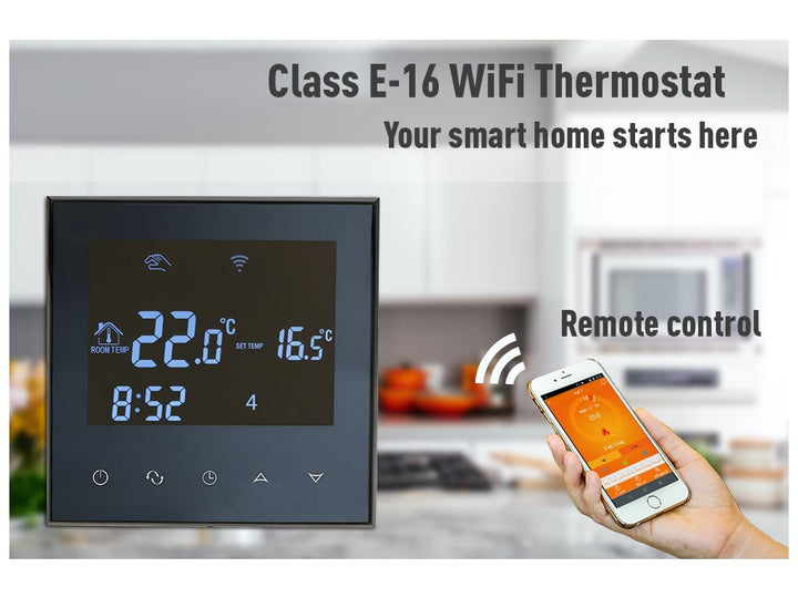 Aluzan Class E-16 WiFi, programmierbarer Raumthermostat zum Schalten von Elektroheizungen bis zu 16A, fernsteuerbar über Android- oder iOS-App